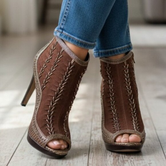 Vince Camuto Shoes - Vince Camuto Brown VC-Night Woven Leather Peep Toe Side Zipper 4.5" Shoes 8.5B